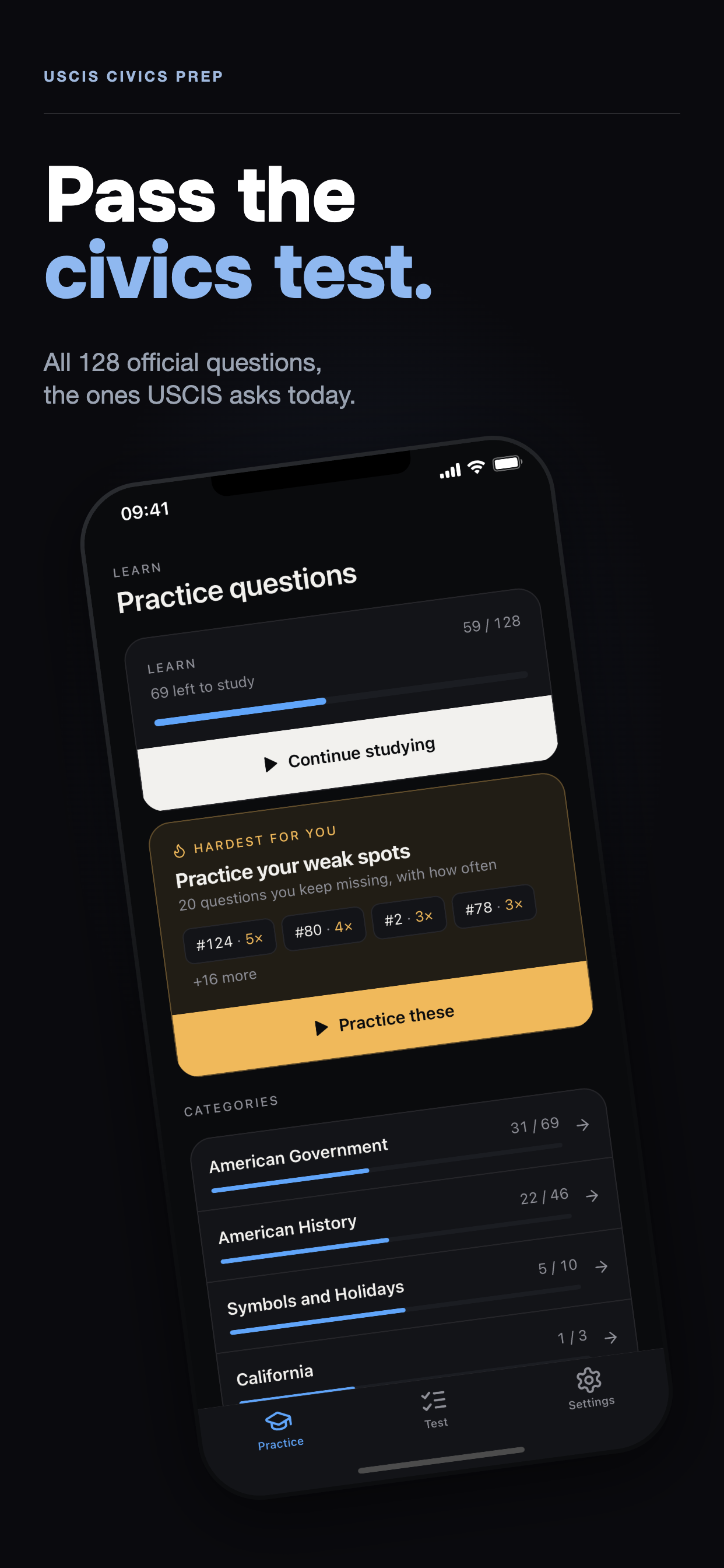 Learn tab listing the 128 questions by section, with the 65/20 and state filters.