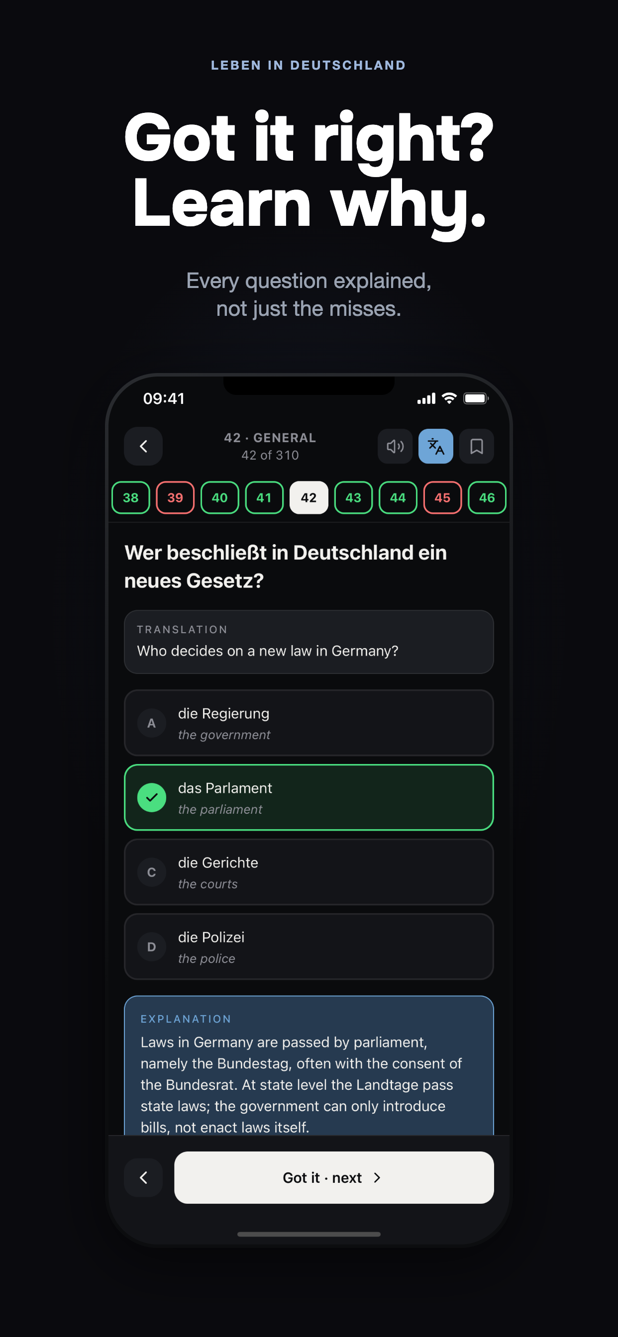 A question answered, with the explanation and the translation underneath the German.